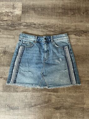 Free People Women Skirt 6 Blue Denim Distressed Embellished Mini Boho